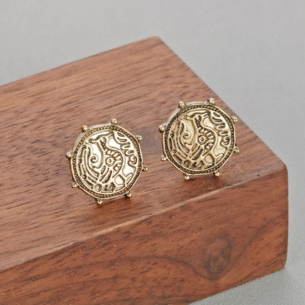 Chandler Phoenix Chick Bird Earrings Pagan Viking Jewelry Antique Gold Plated Stud Earrings Men's Unisex Nostalgic Jewelry