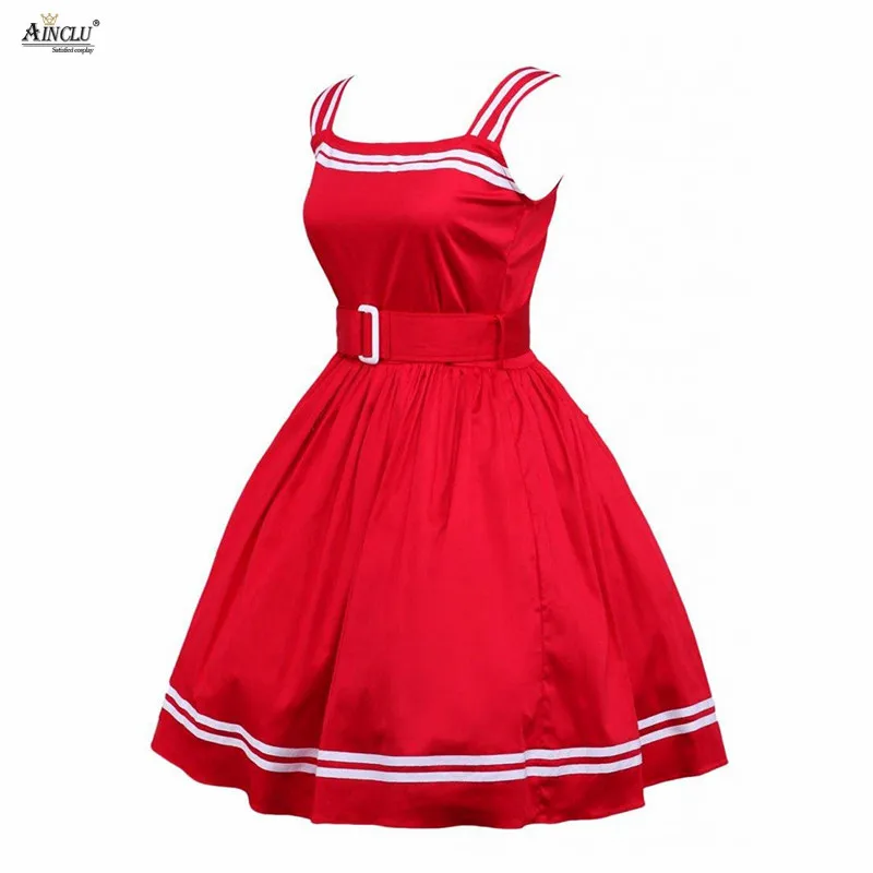 Ainclu Hot Selling Womens Sleeveless School with White Stripes Cotton Red Middle-Long Dress A-line Lolita Dress Free shipping