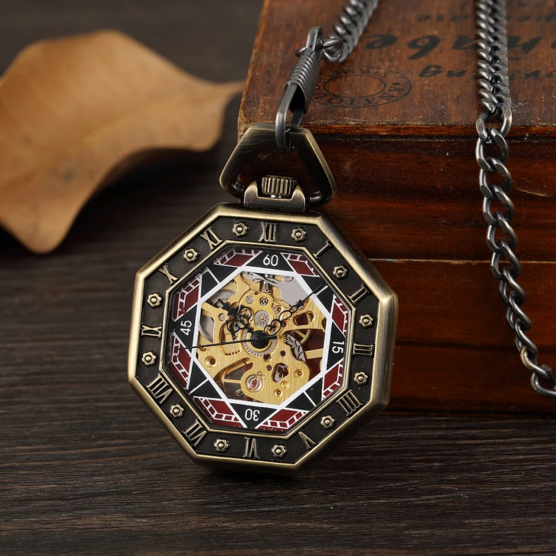 Octagon Round Vintage Man Pocket Watch fob with chain steampunk Pendant Watches for Men Pendant retro clock Necklace 2023