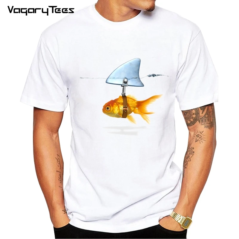 Funny New design Goldfish And Shark Brand Fish Cool Printed Men\'s Casual T-shirt Male Retro Hipster Tops Tee