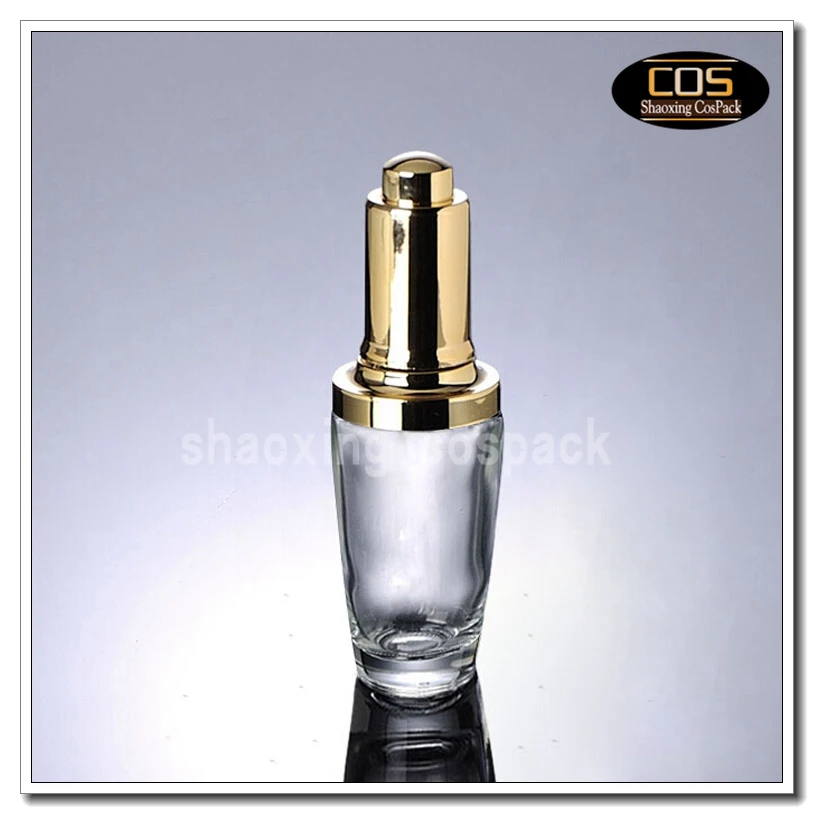 

100pcs transparent 1oz glass dropper cosmetic bottle packaging ,30ml empty clear glass e-liquid bottle with gold dropper top