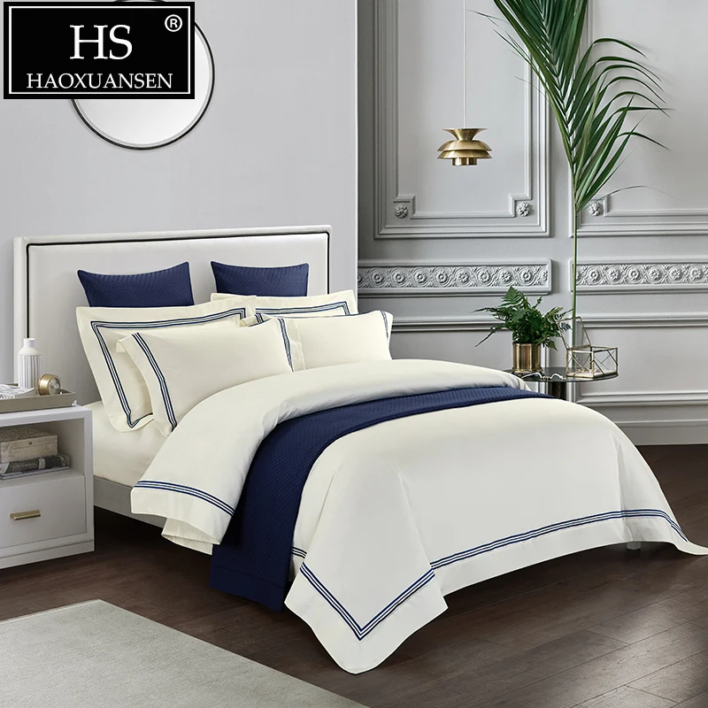 Luxurious 100% Natural Cotton White 4 Piece Bedding Sets 80S Solid Color Quilt Cover Set Queen King Size Modern Double Bed Set