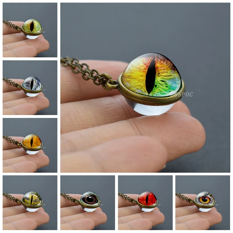 Evil Dragon Eyes 3D Art Picture Glass Ball Double Side Necklace for Men Women Cabochon Pendant Dragon Eyes Jewelry