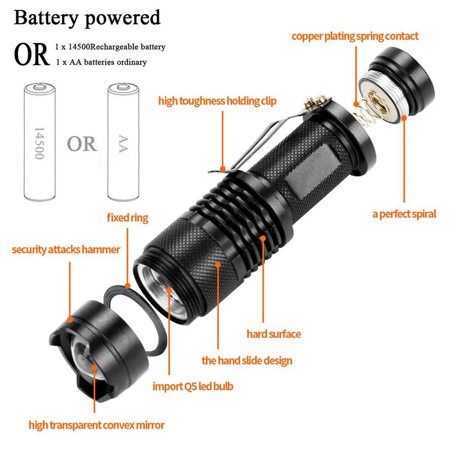 LED Flashlight 2000LM Q5 Mini LED Flashlight COB Torch AA/14500 Adjustable Zoom Focus Torch USB T6 Flash Light 18650 Penlight