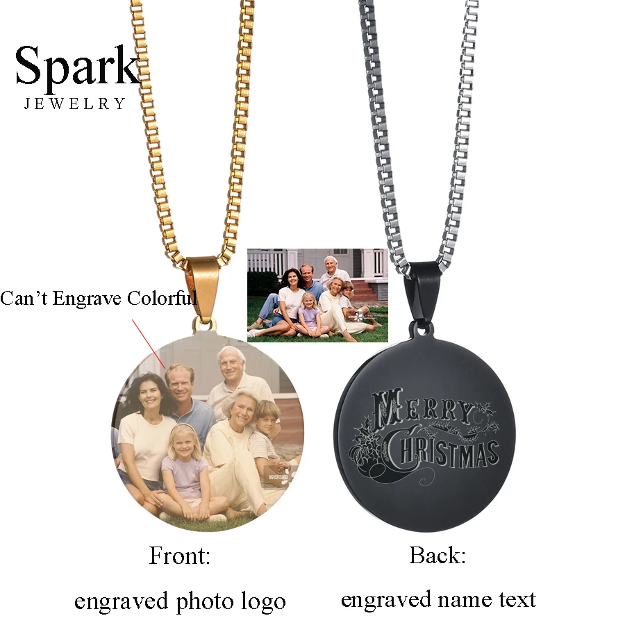 Spark Aangepaste Ketting Front Gegraveerde Foto Terug Gegraveerd Naam Ronde Dog Tag Hanger Ketting Voor Mannen & Vrouwen Gift Bijoux