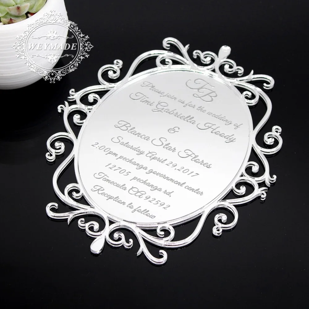 65pcs Personalized Silver Mirror Acrylic Vintage Invitation For Sweet Sixteen Birthday Wedding Engagement Anniversary Party