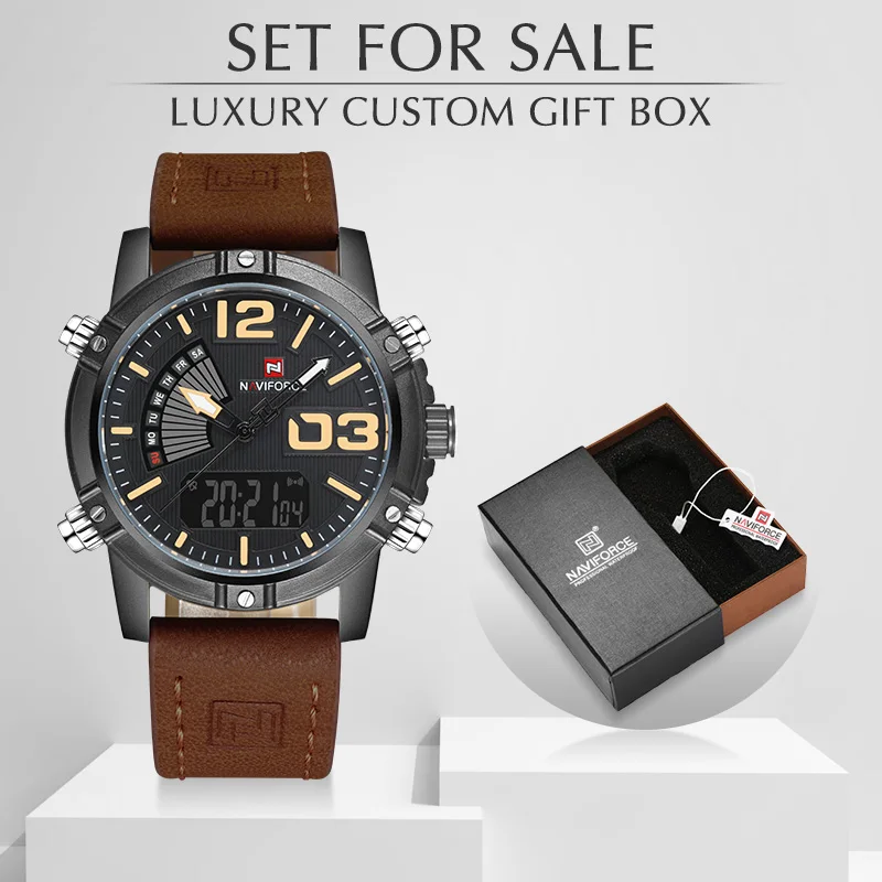 NAVIFORCE Men's Watches Leather Military Waterproof Men Watch Relogio Masculino With Box Set For Sale Digital Male Clock NF9095