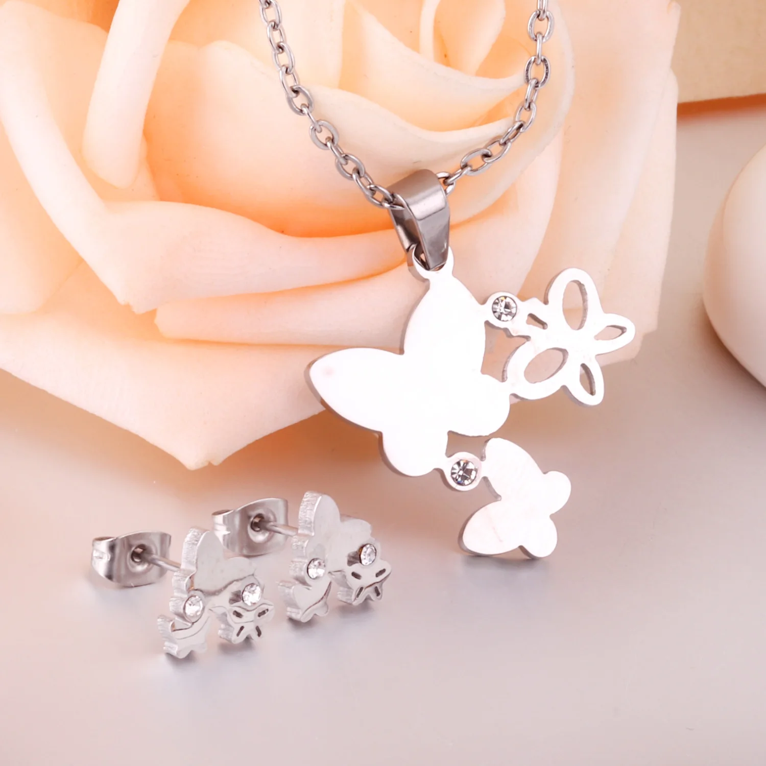 LUXUSTEEL Cute Jewelry Sets Stainless Steel Butterfly Pendant Necklace Earring Sets With Cubic Zirconia For Women/Girl Bijoux