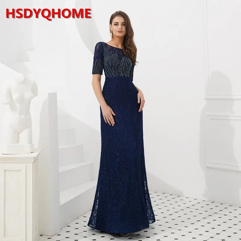 HSDYQHOME Amazing Navy Blue Mermaid Evening Drsss Illusion Mesh Short Sleeve Floor-length Women Party Gown