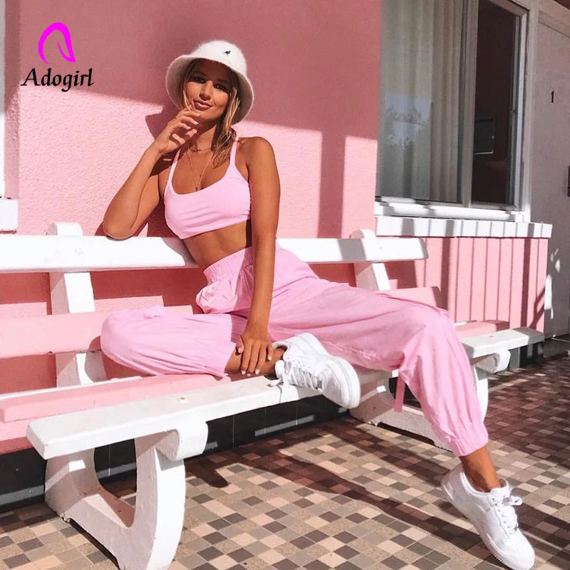 Pink Women Sports Two Pieces Gymwear Designer Women Tracksuit Joggings Spaghetti Straps Crop Top Elastic Waist Cargo Pants Set