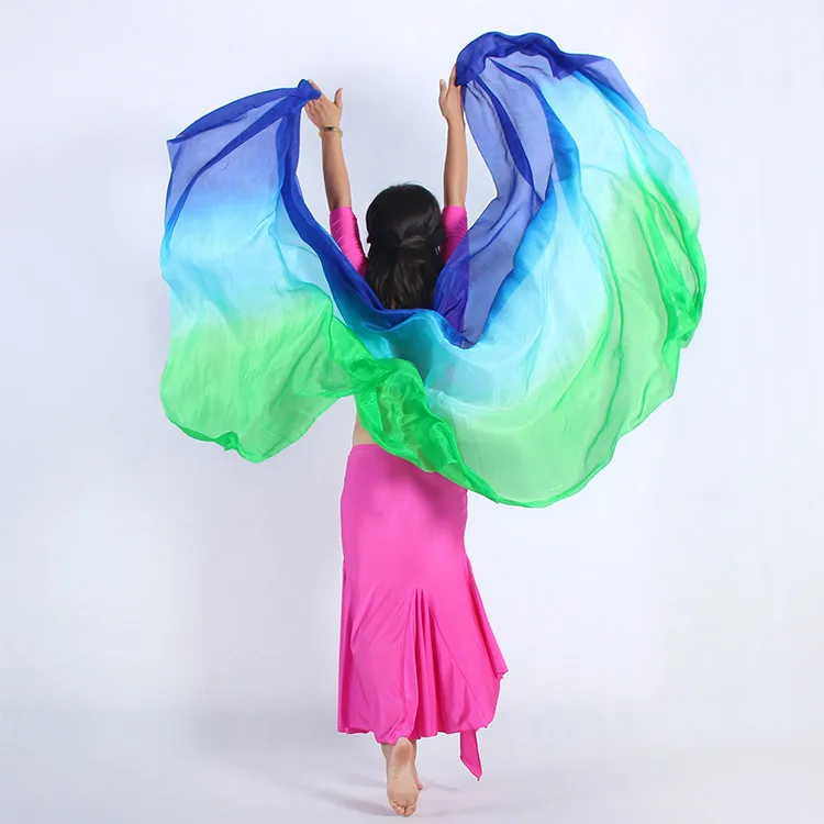 Hot sale green and blue dyed 100% pure natural silk veils for belly dance 270cm long for dancer show on the stage hand veil