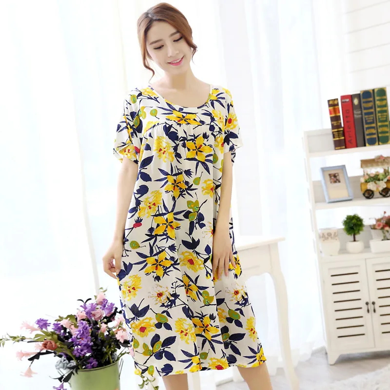 Adult Summer Cotton Nightgown Female Fashion Print Sleepdress Plus-size Extended Artificial Fertilizer Homewear B-6674