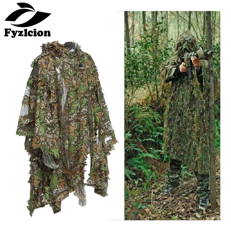 Ghillie de camouflage de chasse Fyzlci-3D avec casquette, vêtements de costume, cape de jungle, camouflage poncho, feuille bionique pour la photographie de Sniper