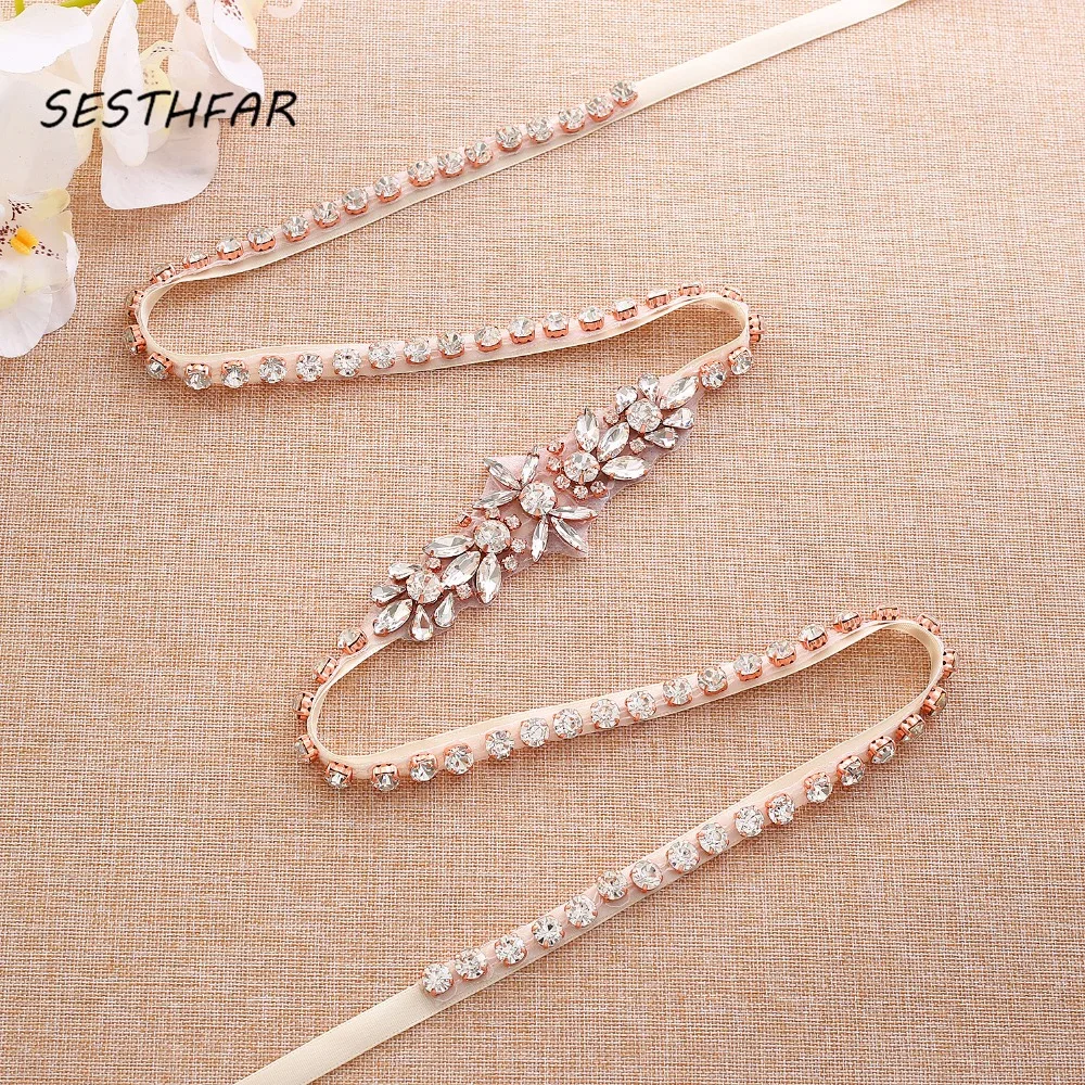 

SESTHFAR 37inch Long Wedding Belts Rose Gold Flowers Rhinestone Sash Bridal Belt For The Evening Wear Wedding Accessories