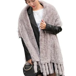 2024 New Winter Knitted Real Rex Rabbit Fur Shawl Women Real Fur Scarf Ladies Knit Genuine Fur Scarves Female Russia Scarfs