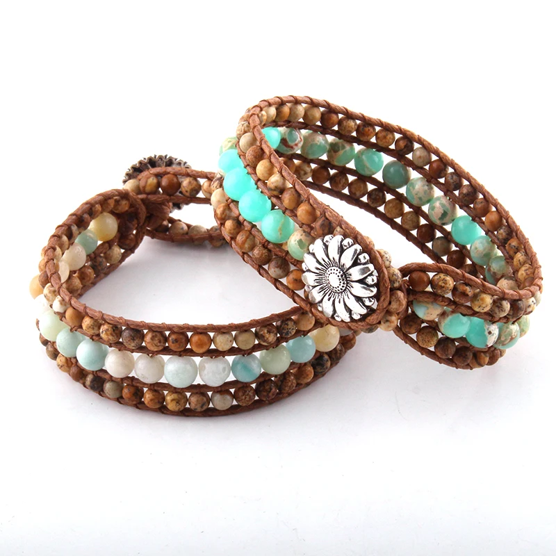 Fashion Beautiful Energy Beaded Jewelry Bracelet Handmade Brown/Blue Natural Stone Wrap Bracelets Bangles