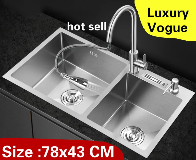 

Free shipping Home kitchen manual sink double groove vogue wash vegetables high quality 304 stainless steel hot sell 78x43 CM