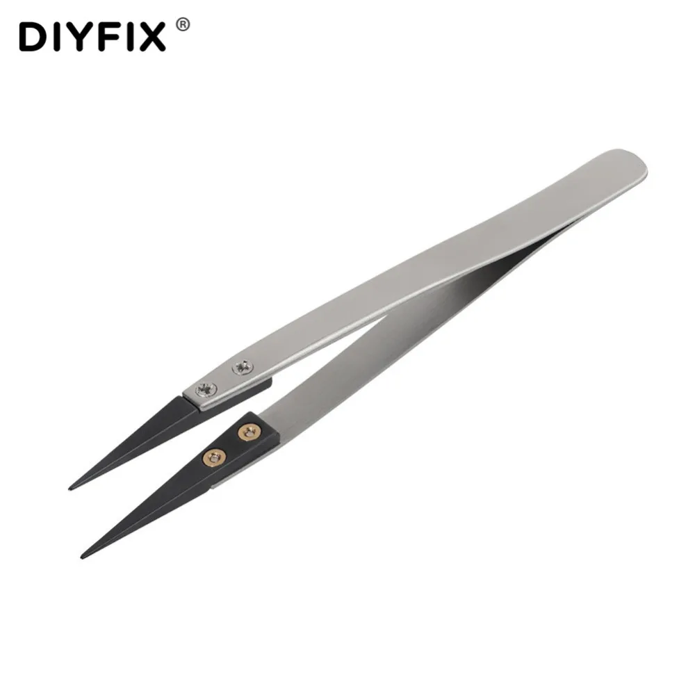 DIYFIX Stainless Steel Ceramic Tweezers Anti Static Heat Resistant Insulated Ceramic Pointed Tip Electronic Pliers