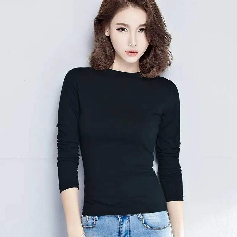 95% Cotton Women T-shirt O-neck Long Sleeve women shirt All match Lady Top Black White Gray Yellow Shir