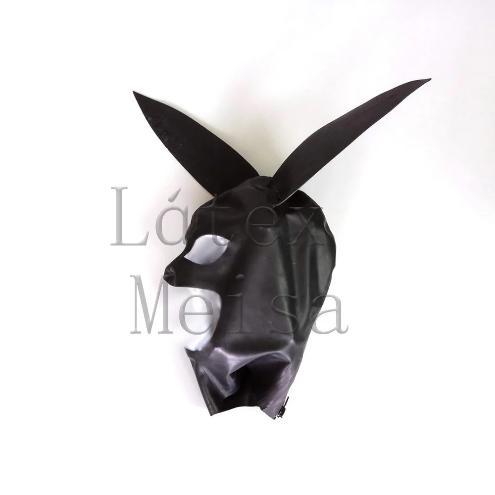 

Animal rabbit design latex hood with open eyes and mouth in solid black color