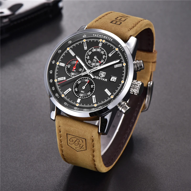 BENYAR Chronograph Sport Mens Watches Top Brand Luxury Quartz Watch Clock All Pointers Work Waterproof Business Watch BY-5102M