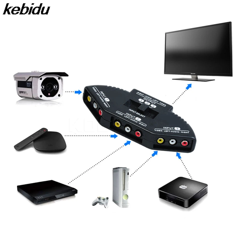 kebidu Black Selector 3 Ports Audio Video Game Switch Splitter Cable AV RCA for Wii TV DVD for XBOX for PS2