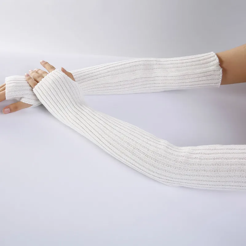 women\'s long fingerless winter knitted gloves costume mittens without fingers black white