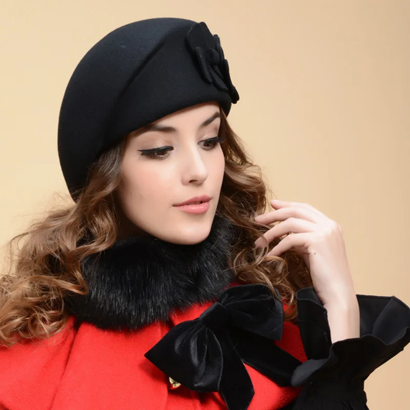 2018 Hot Female Cute British 100% Wool Felt Beret Hat Women French Lady Artist Flat Cap Bow Boina Feminino Hats For Girls Gift