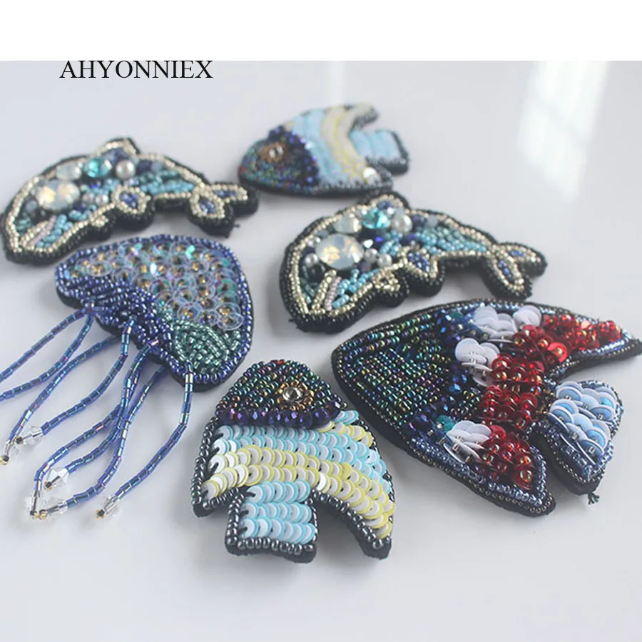 AHYONNIEX Dolphin Fish Patch for Clothes Sew on Rhinestone Beaded Applique for Jackets Jeans Bags Beaded Applique