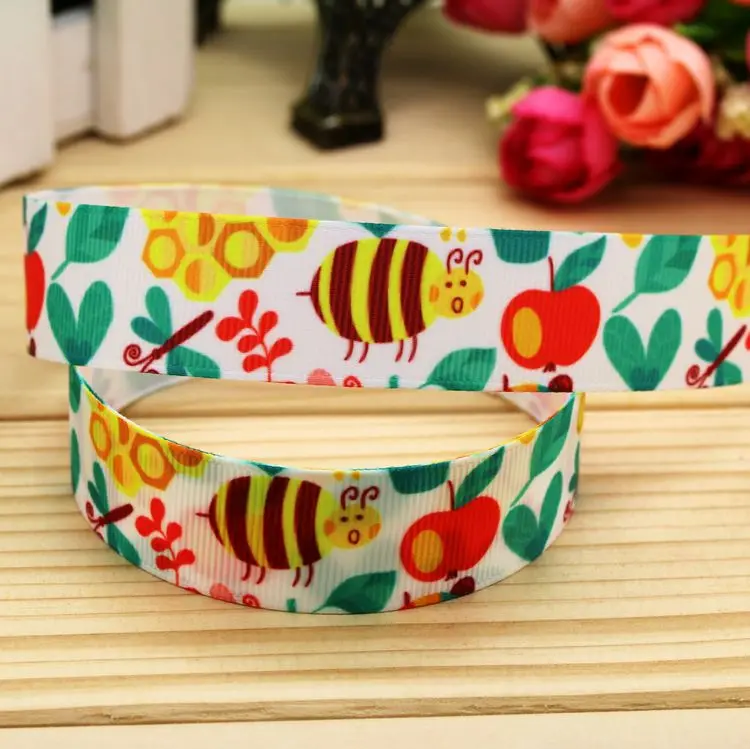 7/8''  bee printed grosgrain ribbon hair bow headwear party decoration wholesale OEM 22mm H5300