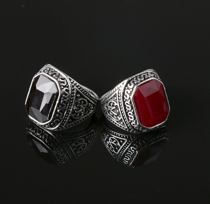 Men Rings Big Black/Red Carved Stone Antique  Plated Ring For Women Retro Texture Engraved Wholesale Lover ring #20035