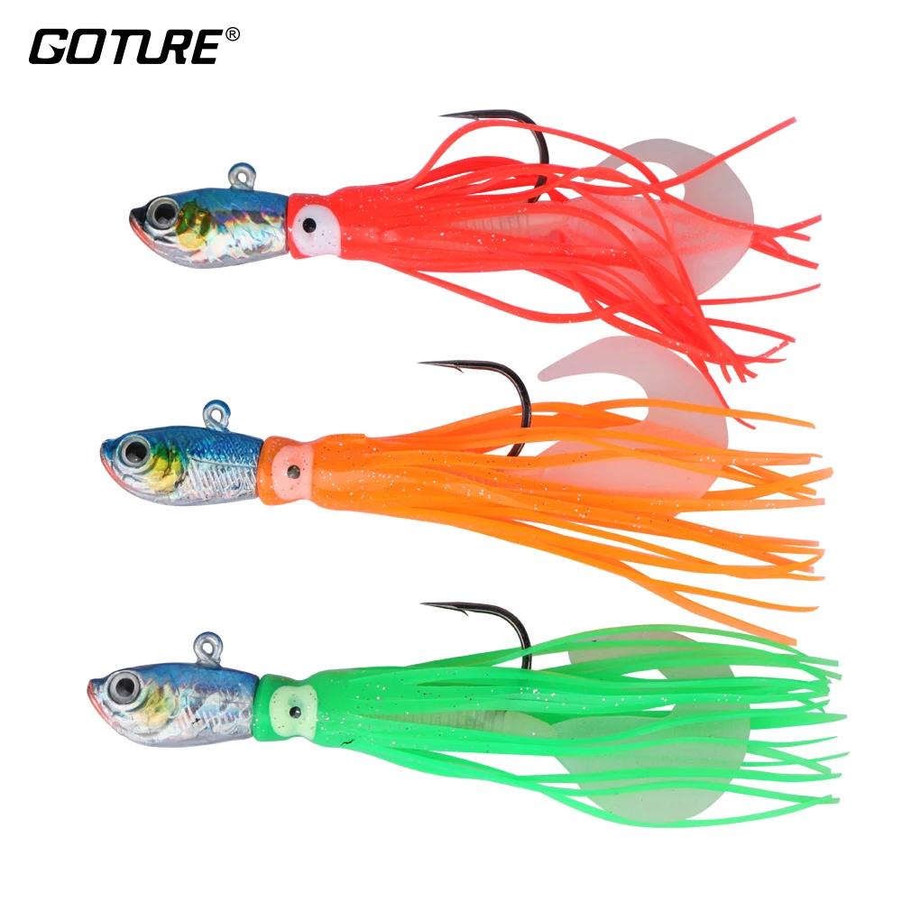 

Goture 3pcs/lot 12cm/30g 14cm/50g Squid Jig Fishing Lure Jig Lead Head Saltwater Fishing Bait Soft Octopus Skirt Lure Hook