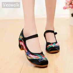 Veowalk Phoenix Embroidered Women Canvas Block Heel Shoes Instep Strap Elegant Ladies Retro Chinese Cheongsam Matched Pumps