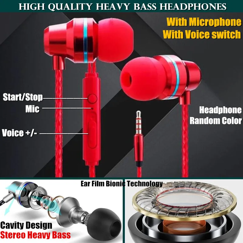 Heavy Bass Earphones With Microphone&Drive-by-wire, Lossless Stereo Metal Sound Sport In-ear Earphone for Mobile Phones MP3 MP4