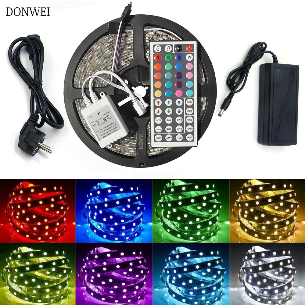 

DONWEI SMD5050 RGB LED Strip Light 5M 60Leds/m DC 12V 2835 tape flexible waterproof with 44keys Controller Power Adapter