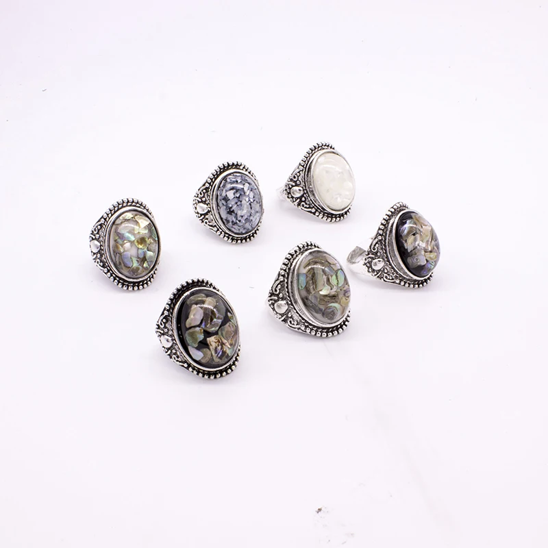 Wholesale Vintage Stone Ring 12 Pieces Mix Size Colors Trendy Silver Color Punk Big Antique Stone Ring Men Jewelry Fashion