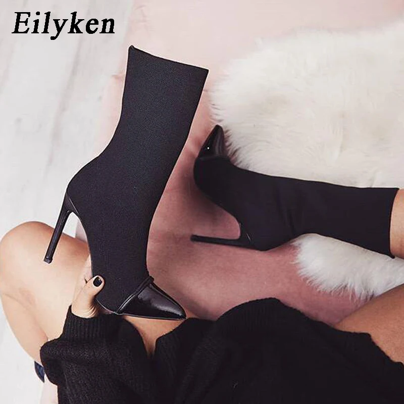 Eilyken Stretch Fabric Short Ankle Boots Women Pointed Toe High Heels Slip On Sexy Sock Zapatillas Mujer