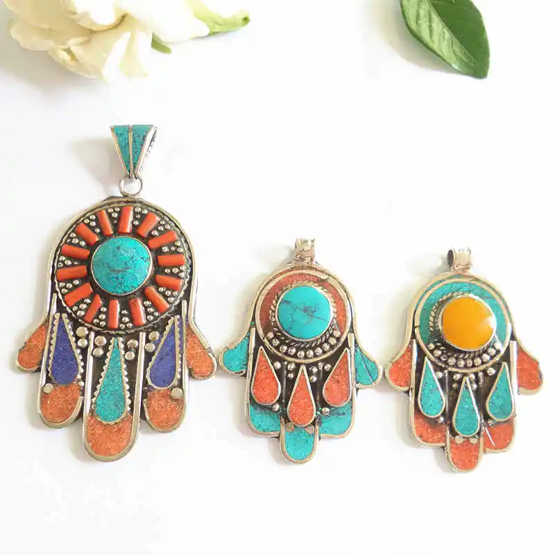 TBP301 Tibetan Buddha Hand Amulet Pendants Nepal Hand Vintage Jewelry Copper Inlaid Colorful Stone