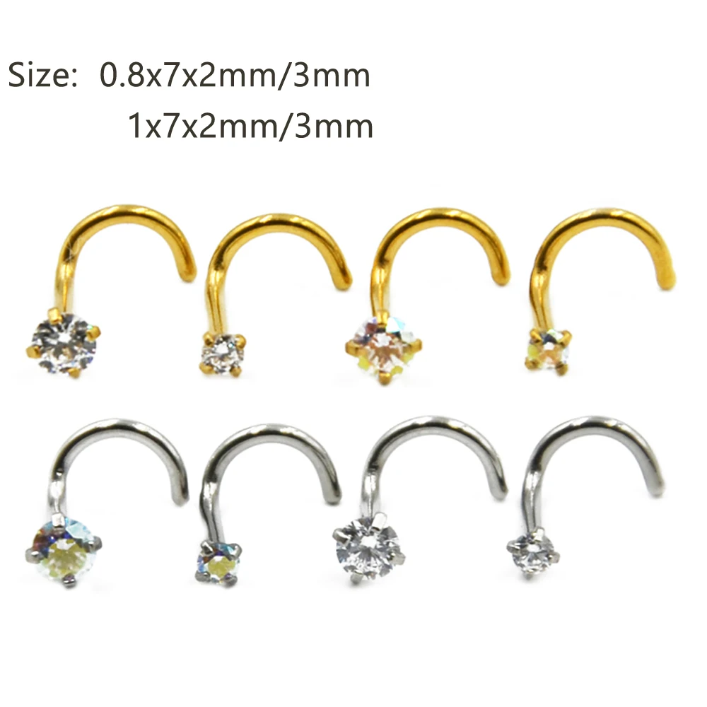 Showlove-24PCS Each Box Surgical Steel CZ Gem Nose Screw Rings Piercing Nose Studs Ring Nose Bone Piercing Body Jewelry 20g/18g