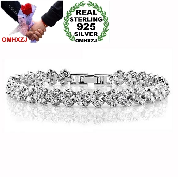 OMHXZJ Wholesale Fashion High Quality Exquisite luxury AAA Zircon 925 Sterling Silver Gift Women Roman Bracelets Bangles SZ48