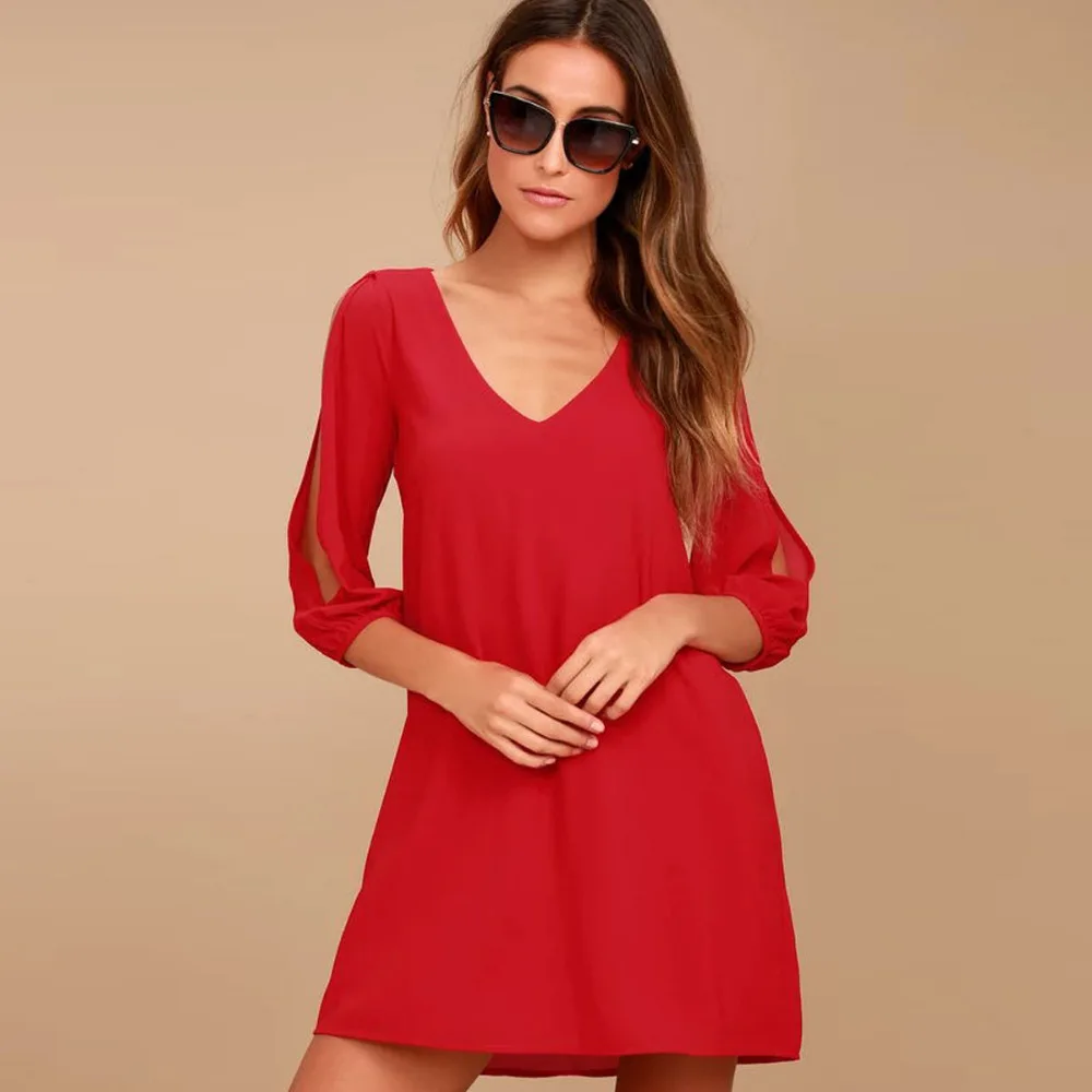 White Beach Cami Summer Shirt Dress Women Casual Double V Neck Casual Shift Dresses Sexy Long Sleeve Vacation Midi Dresses