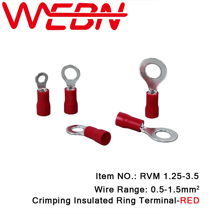 

RVM1.25-3.5 Crimping Insulated Pin Terminal 0.75mm Thick Copper&PVC Material Red Wire Range 0.5-1.5mm2 22-16 AWG 1000pcs/Pack