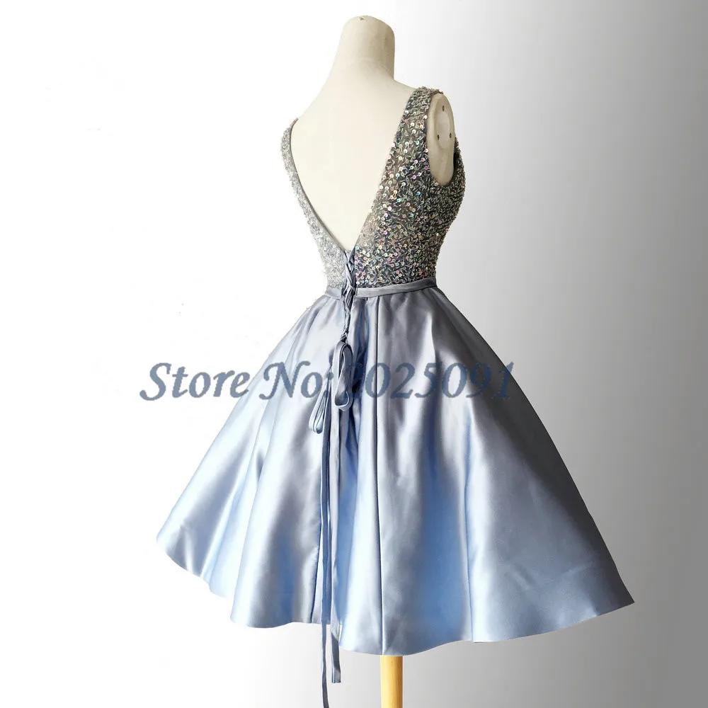 New V Neck Homecoming Dresses 2018 Plus Size Short Prom Dress Sash Beaded Satin Party Cocktail Wedding Party Dress juniors blue