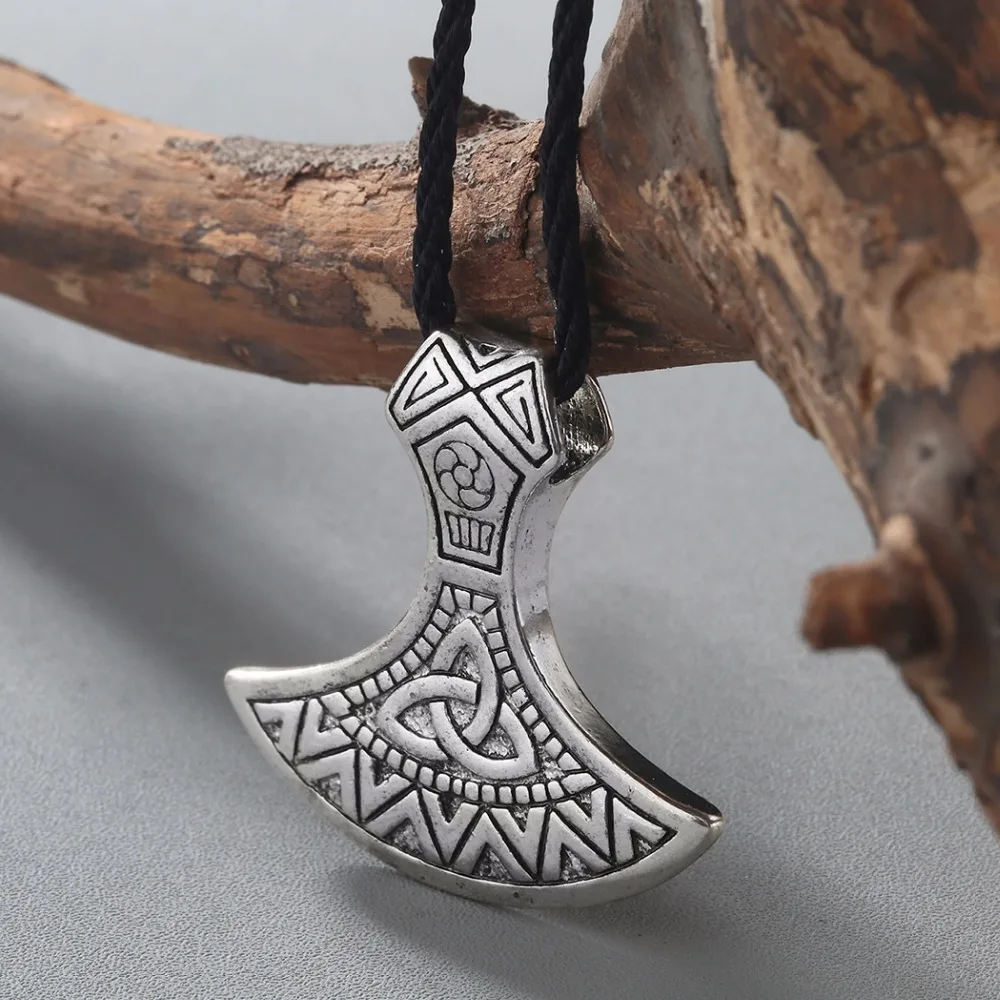 Kinitial Thor Hammer Axe Jewelry Valknut Odin \'s Symbol of Norse Necklaces Slavic Viking Warriors Men Axe Pendant Necklace