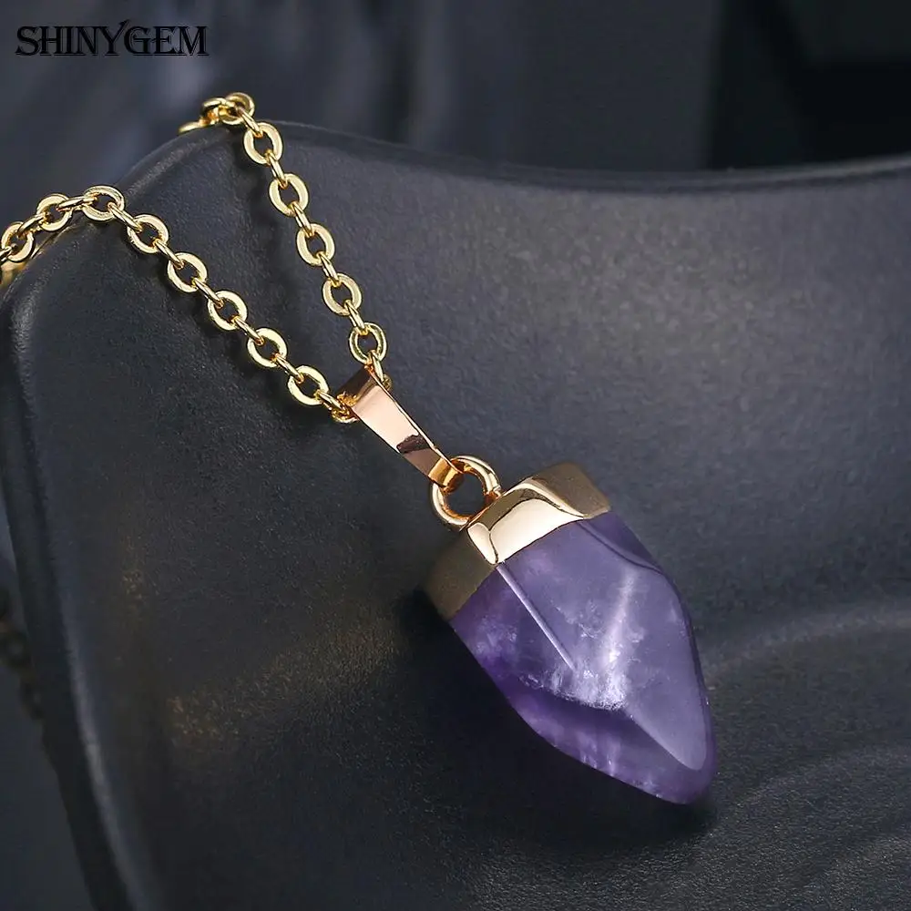 ShinyGem Big Amethysts Pendant Necklace Gold Plating Purple Crystal Quartz Necklaces Reiki Chakra Birthstone Necklaces For Women