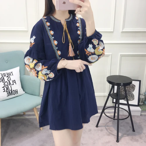 Cheshanf Women Embroidery Dress Long Sleeve Autumn Dress Blue Red White Black Casual A Line Short dress