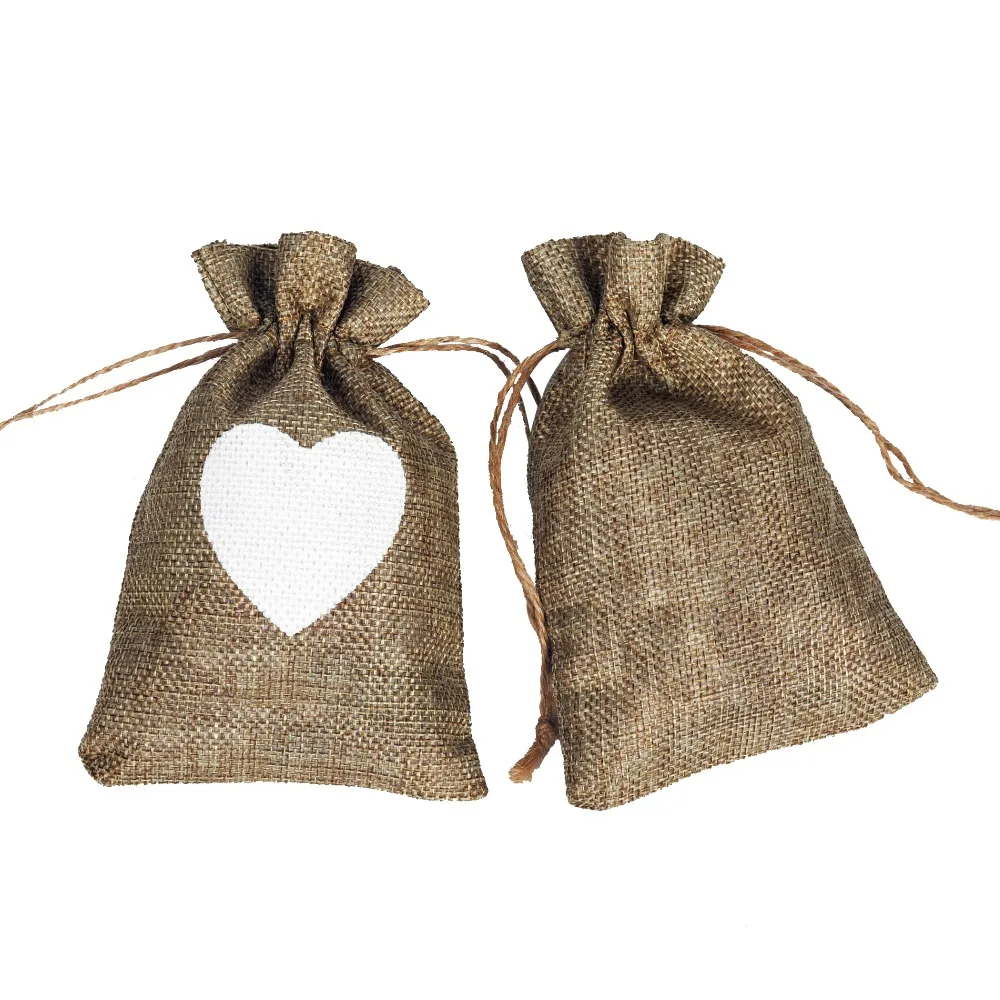 

50 pcs Heart Sewing Burlap Jute Drawstring Wedding Favors Bag Vintage Rustic Party Favor Candy Gift Hessian Pouch Drop Shipping