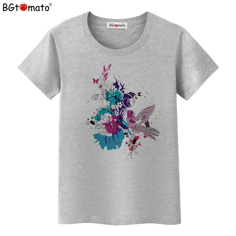 BGtomato New design Blue flower purple birds T-shirt women Hot sale Beautiful Tshirt Brand good quality harajuku tops tees