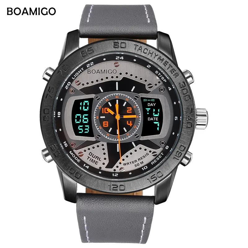 Men Sports Watches BOAMIGO brand man leather LED digital quartz watches wristwatches 30M water resistant relogio masculino clock