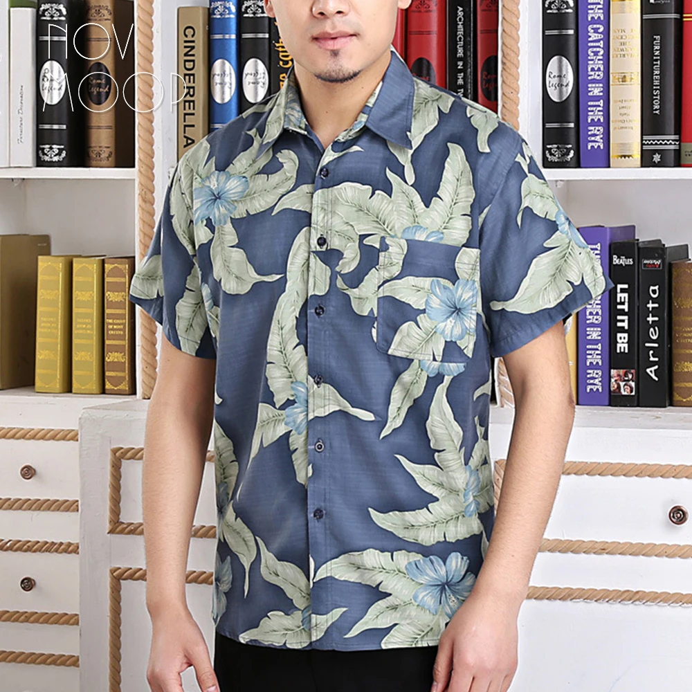 Summer men 100% natural silk shirts short sleeve leaves print blue beach holiday shirt chemise homm camiseta masculina LT2251